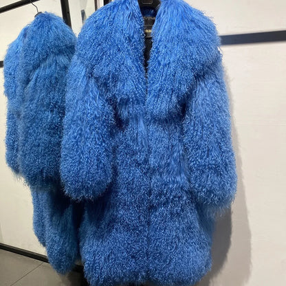 Mongolia Sheep Fur New Brand Real Fur Long Genuine Fur Coat Mongolia Sheep Fur Long Sleeves Women's Warm Jacket
