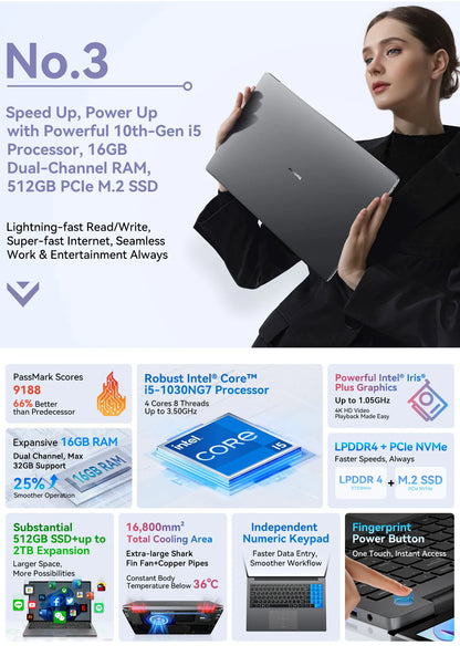 Blackview Acebook 12 Win 11 Pro Laptop 16'' 1920*1200 Display, Intel I5-1030NG7 Notebook, 16GB 512GB, 5000mAh