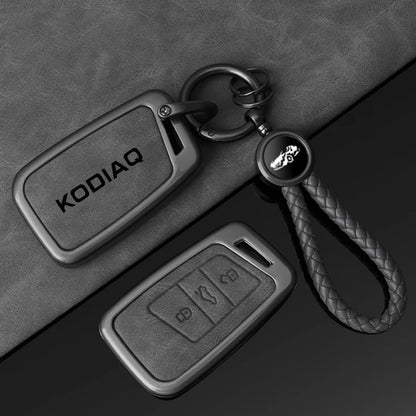 Leather Car Key Case Cover Shell Holder for Skoda Kodiaq Remote Control Key Cover Metal Housing Keyless Protector Accessories
