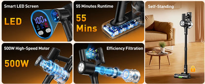Cordless Vacuum Cleaner, 55Kpa/55min Self-Standing Powerful Stick Lightweight Vacuum Cleaner for Home Pet Hair/Hard Floor/Carpet