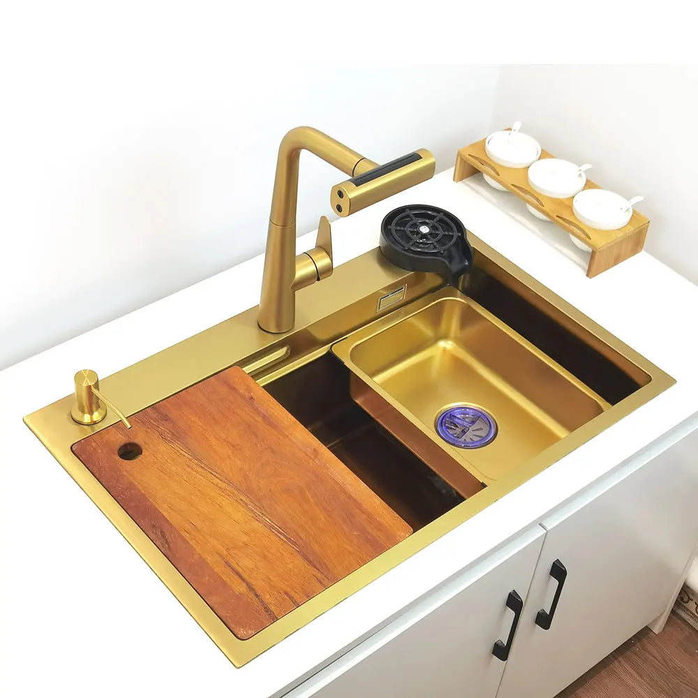 Gold Waterfall Faucet Kitchen Sink Nano Sink 304 Stainless Steel Golden Topmount Single Bowl Wash Basin 4 Function Kitchen Faucet