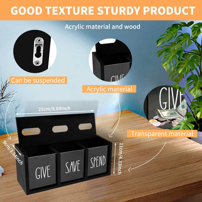 3 Grids Wall-mounted Save Spend Bank Visualized Money Saving Box Wooden Piggy Bank Give Save Spend Money Boxes for Kids Adults