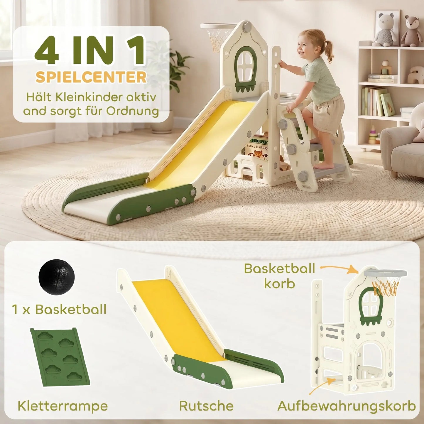4-in-1 foldable slide with a climbing element, basketball hoop, storage space, and a basketball for children aged 1 to 3, cream white