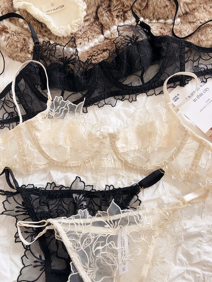 French Underwear Set Sexy Lace Flowers Embroidery Bra Set Women Intimates Summer Ultra Thin Breathable Bralette Lingerie Panties