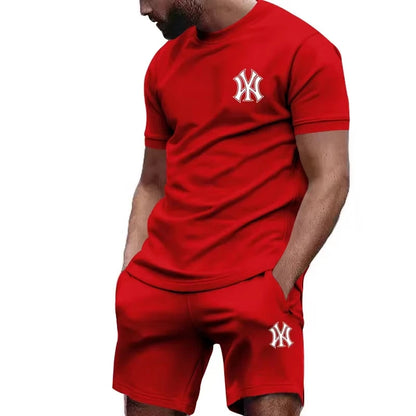 New hot selling 2026 men's two-piece sportswear short sleeved T-shirt and pants set running and fitness sportswear summer