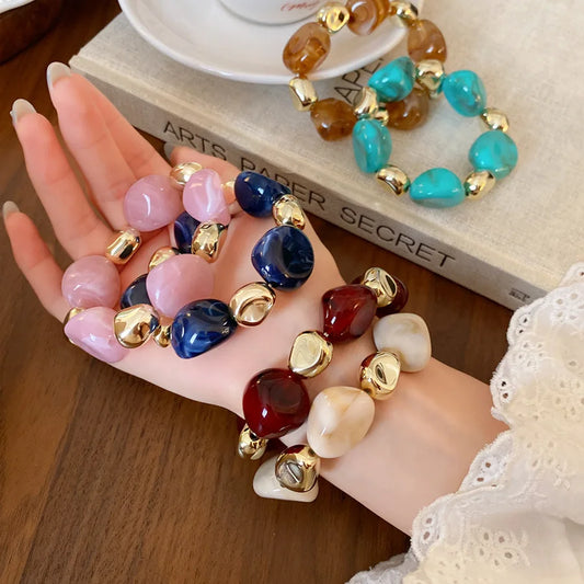 Multicolor Irregular Acrylic Beaded Bangles for Women Geometric Smudge String Bracelet Beach Vacation Style Couple Jewelry W