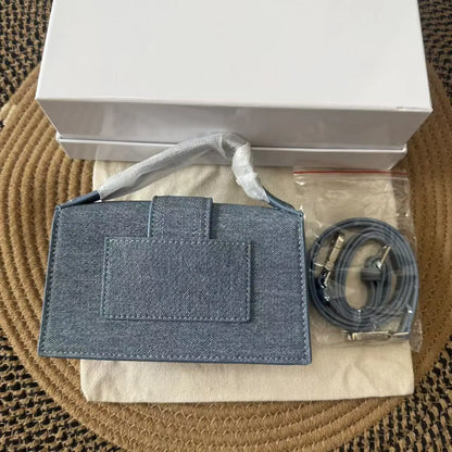 Women Denim Textured Mini Baguette Bag Thin Short Top Handle Detachable Adjustable Crossbody Strap Flap Purse