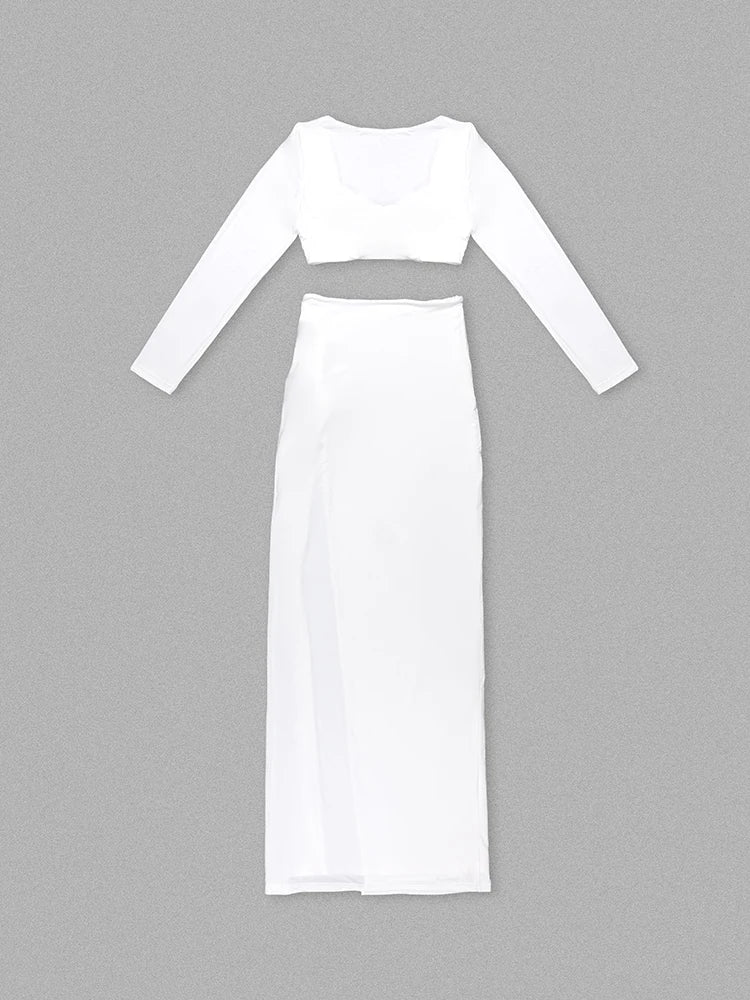 Sexy Long Sleeves Crop Top + High Split Skirt Two Piece Set Women 3D Flower Details Slim Suits Celebrity Cocktail Party Set Gown