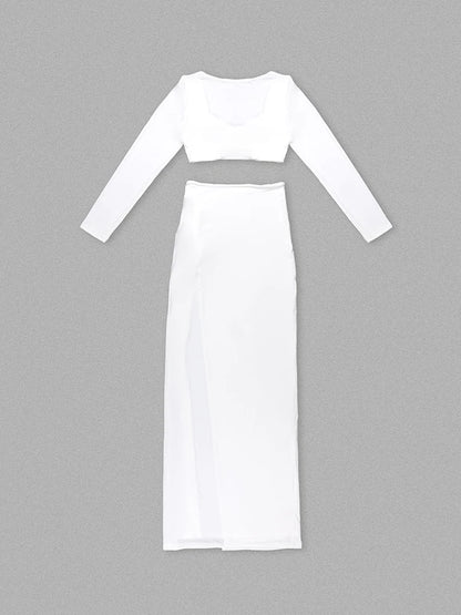 Sexy Long Sleeves Crop Top + High Split Skirt Two Piece Set Women 3D Flower Details Slim Suits Celebrity Cocktail Party Set Gown