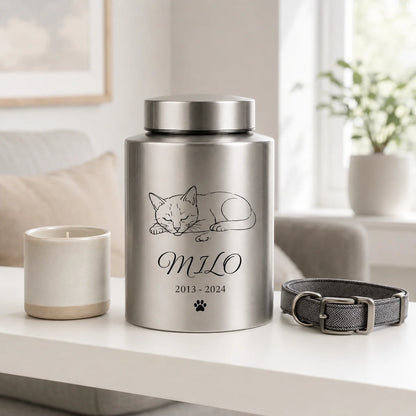 Personalized Pet Ash Urn with Photo Upload AI Minimalist Portrait Stainless Steel Memorial Cat Dog Bone Container with Custom Na