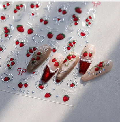 Lovely Red Fruit Strawberry Cherry Bowknot Love Heart Star Silk Ribbon 5D Nail Art Stickers Chic Self Adhesive Manicure Decal
