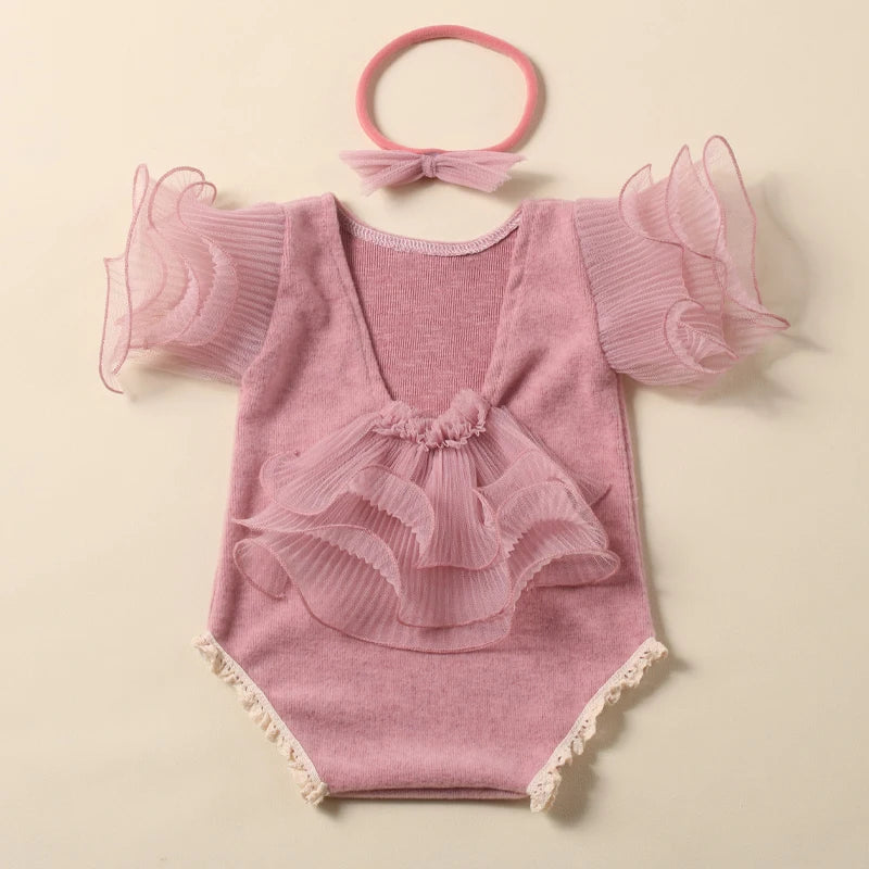Ylsteed 2 Pieces Set Beige Newborn Photography Costume Lace Romper Bow Headband Set Baby Girl Photo Shooting Outfits