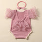 Ylsteed 2 Pieces Set Beige Newborn Photography Costume Lace Romper Bow Headband Set Baby Girl Photo Shooting Outfits