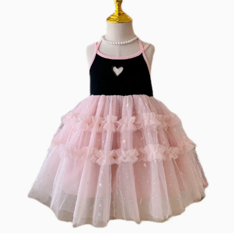 Girls 2024 Summer New Bow Dress Baby Girl Sleeveless Black Pink Princess Dress Toddler Girl Sweet Cute Clothes