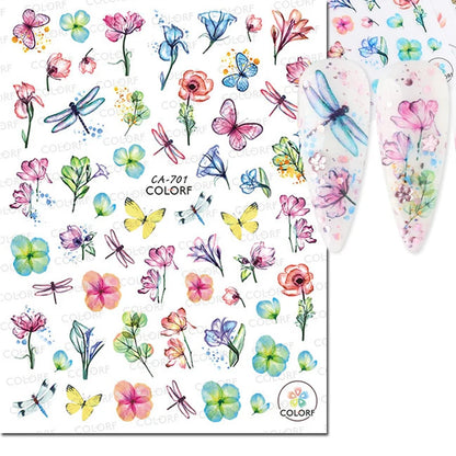 3d Nail Art Decals Watercolor Florals Purple Green Pink Flowers Leafs Fruit Adhesive Sliders Nail Stickers For Manicure
