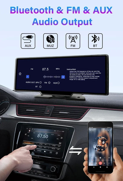 10.26 inch Car Play Screen,Wireless CarPlay & Android Auto Dash Cam Rear Camera Multimedia Stereo,AUX FM Radio,Car Touchscreen