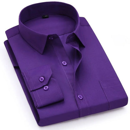 Classic Plain Men's Dress Shirt Long Sleeve Slim Fit Button Up Purple Yellow Men Business Formal Wedding Party Social Shirts