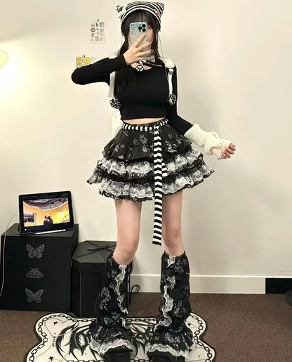 Y2K Punk Gothic Lace Tiered Skirt Women High Waist Ruffle Mini Skirt Harajuku Streetwear Alternative Fashion Short Skirt