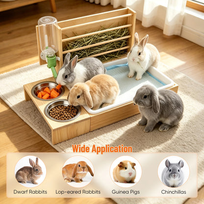 4-in-1 Hay Grater For Rabbits, Feeding Station Removable Hay Distributor For Guinea Pigs With Litter Tray, 2 Trays And Bottle Wood Feeder For Small Animals