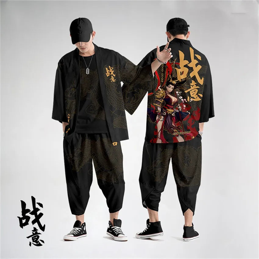 Large Size 5XL 6XL Japanese Kimono Cardigan Pants Set Print Fox Men Women Shirt Tradition Yukata Haori Obi Cosplay Costume