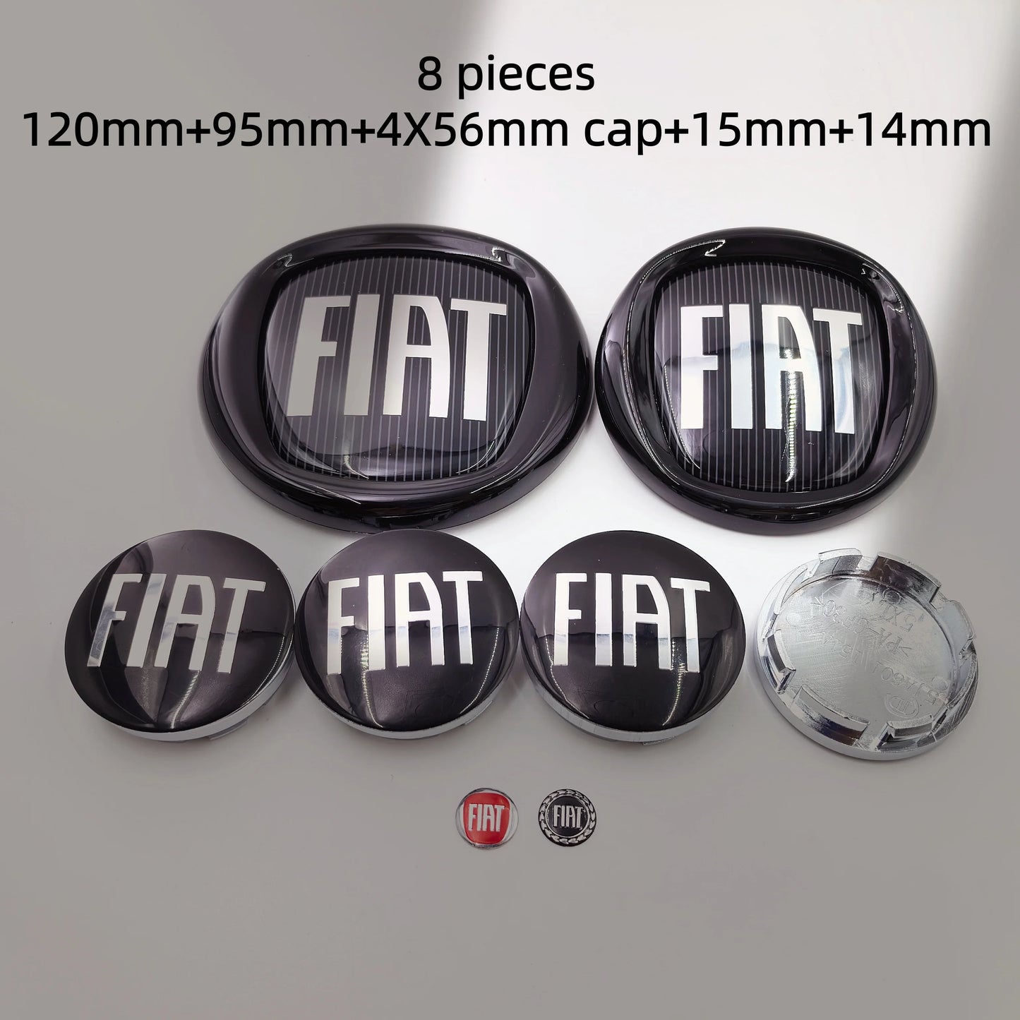 8pcs Fiat 500 Car Front Hood Emblem Rear Trunk Badge 95mm 120mm 12cm Wheel Center Logo Hub Cap 50mm 56mm 60mm 5cm 6cm