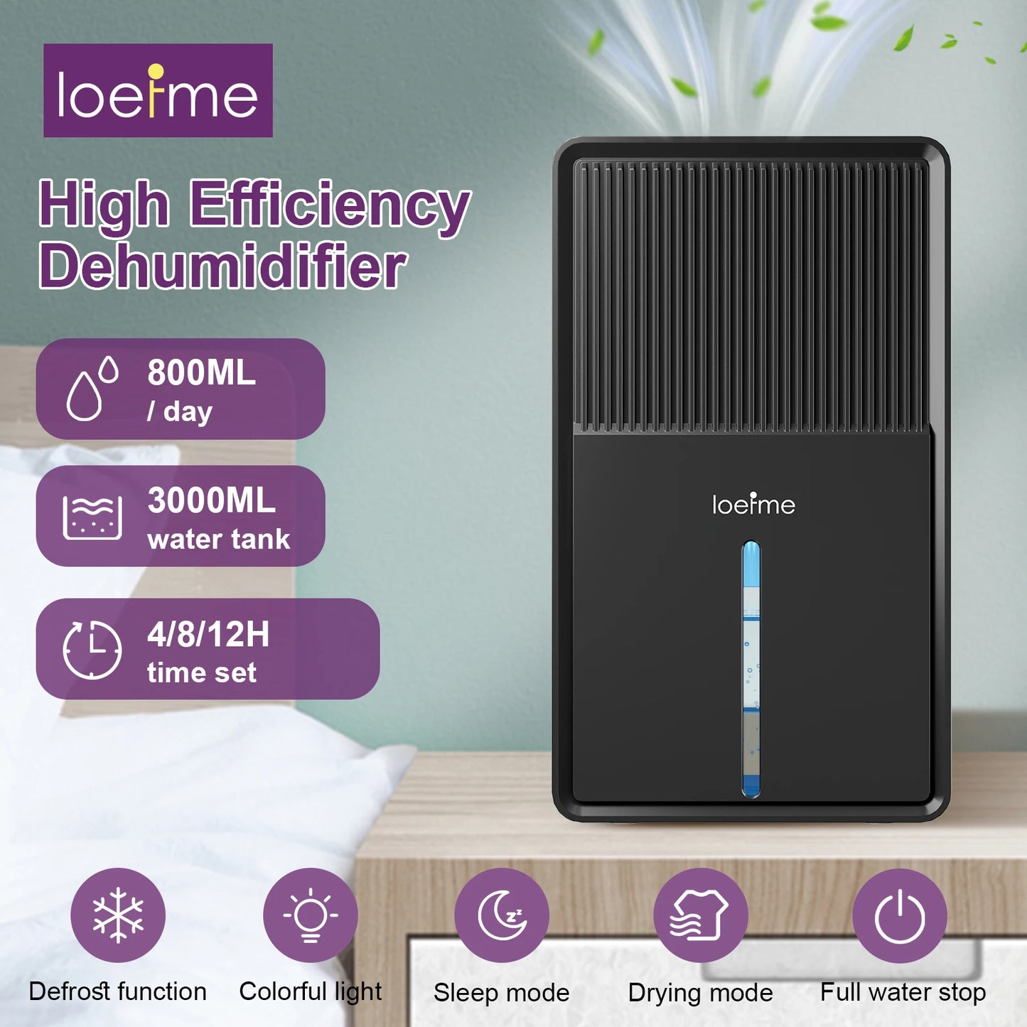 LOEFME 3L Air Purifier Dehumidifier for Home Office RV Mold Moisture Removal Portable Energy Efficient Rapid Air Drying Cloths