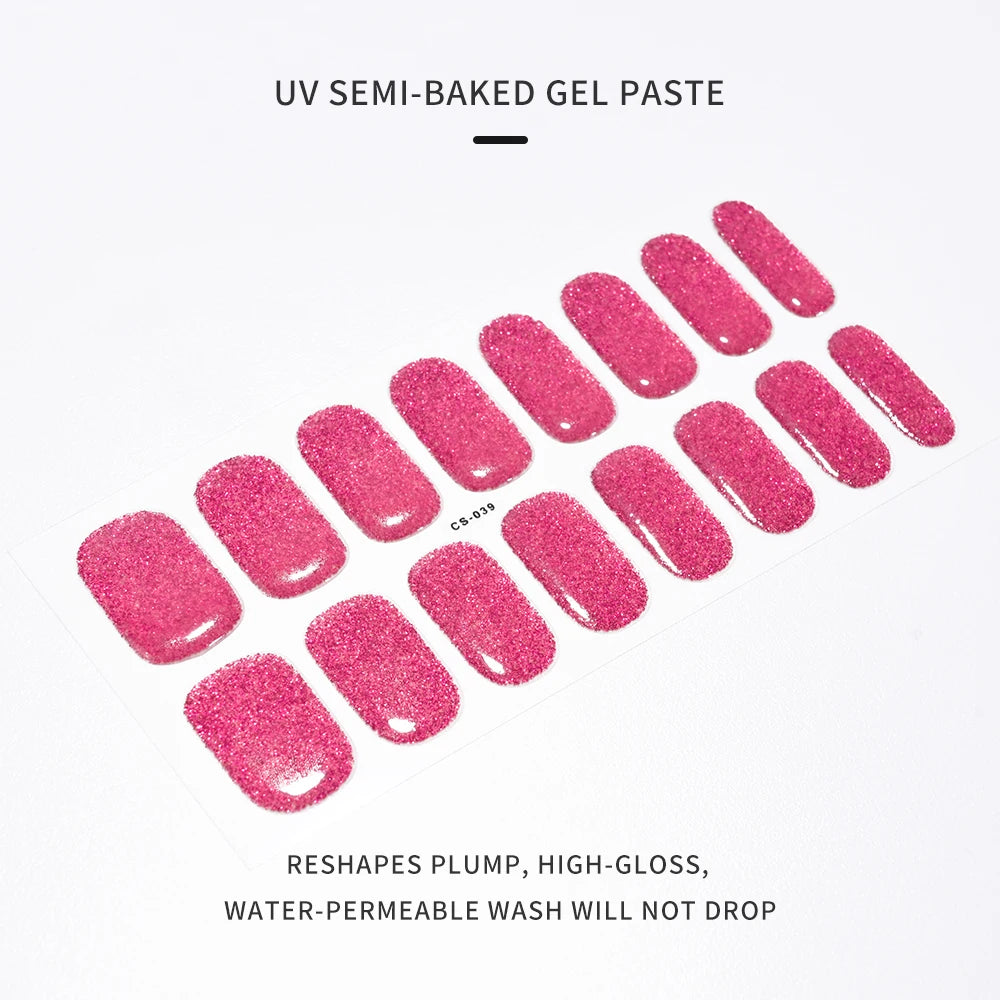 16Tips UV Semi-Cured Gel Nail Wraps Sticker 5D Pure Color Full Cover UV Lamp Gel Sticker Long-Lasting Nail Extension Patch Strip
