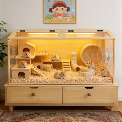 Large Wooden Hamster Cage Clear Tempered Glass Pet Small Animal Habitat Cage Playful Hutch House