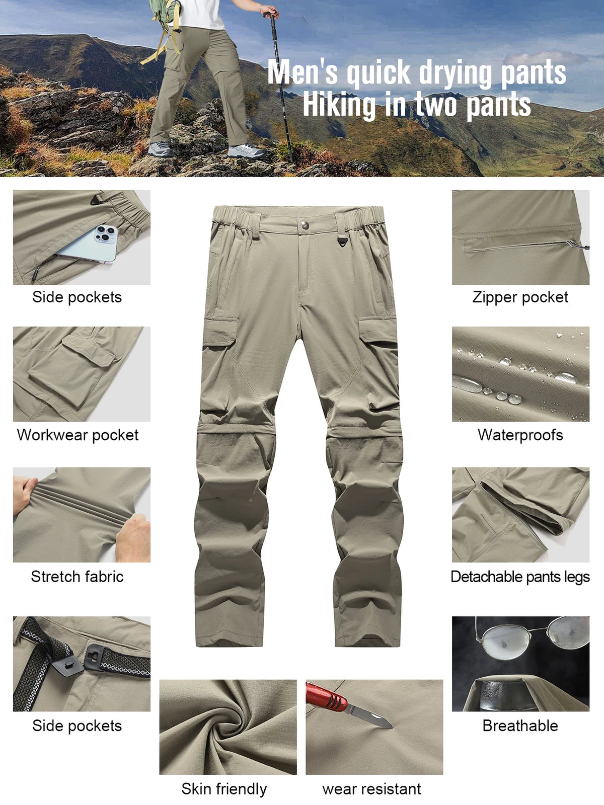 Men's Cargo Hiking Convertible Pants, Waterproof, Quick Dry, Lightweight, Removable Zipper, Perfect for Outdoor Adventures, Fishing and Camping, All-Season Versatile Hiking Gear.