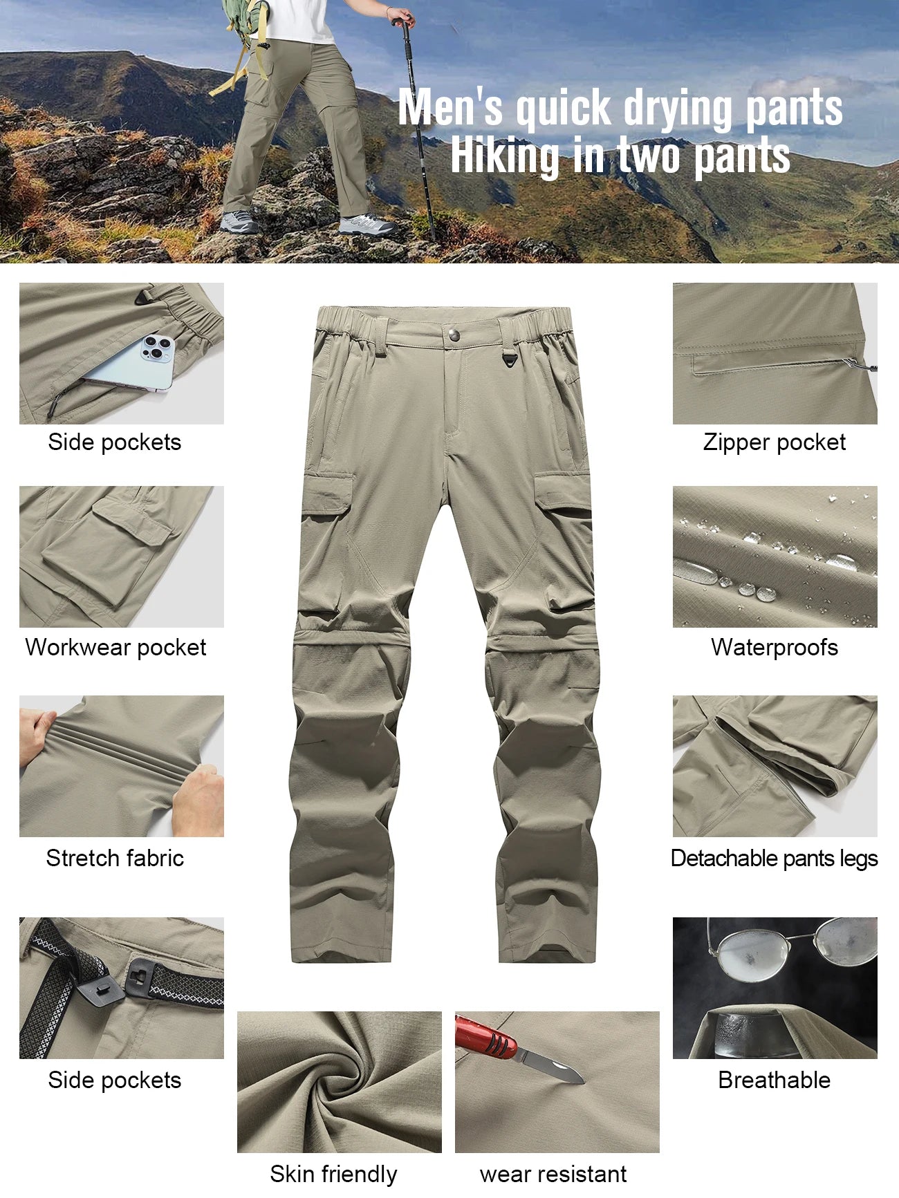 Men's Cargo Hiking Convertible Pants, Waterproof, Quick Dry, Lightweight, Removable Zipper, Perfect for Outdoor Adventures, Fishing and Camping, All-Season Versatile Hiking Gear.