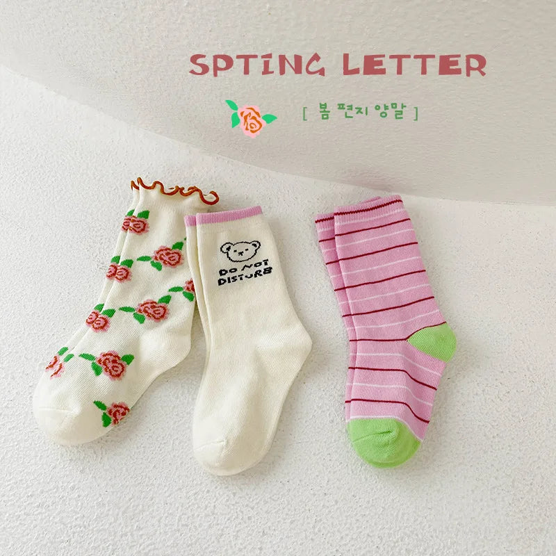 1-12Year 3Pairs Pack 2024 Spring Floral Medium Stockings Embroidery Lace Thin Princess Stockings Girls' Socks