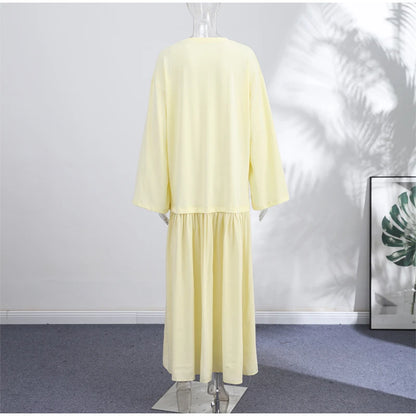 2026 Summer New Loose Patchwork Dresses Women's Pleated Fashion Short Sleeve O-neck Long Robes Female Elegant Casual Dress