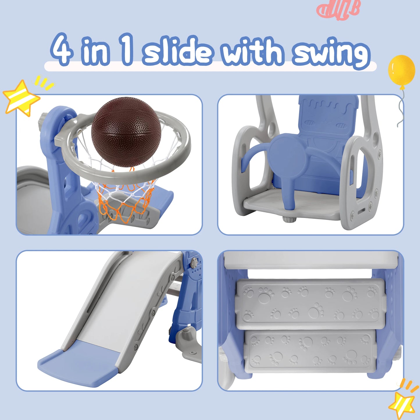 Anajqaqia 4-in-1 Children's Slide and Swing Set with Climbing Ladder & Basketball Hoop, Indoor Outdoor Toddler Play Centre, Blue