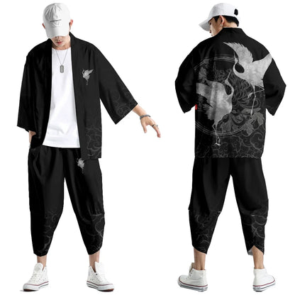 Large Size 5XL 6XL Japanese Kimono Cardigan Pants Set Print Fox Men Women Shirt Tradition Yukata Haori Obi Cosplay Costume