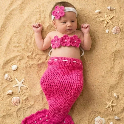 3Pcs Newborn Photography Props Baby Girl Crochet Mermaid Tail Outfit Handmade Photo Shoot Costume Bebe Headband Clothes Set