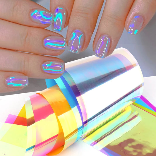 8/10pcs Holographic Aurora Film Nail Glass Foil Sparkly Ice Cube Transfer Paper Cellophane Sliders DIY Full Cover Manicure Wraps