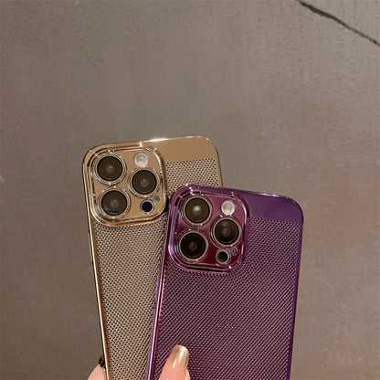 Luxury Plating Hollowed Out Case for iPhone 17 Pro 16 15 14 Pro Max Plus 13 12 Mini 11 17Air Heat Dissipation Shockproof Cover