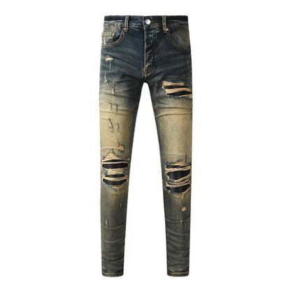 Y2k New Men's Jeans Washed Nostalgic Perforated Black Leather Patch Deep Blue Jeans High Street Designer Hip-Hop Brand High-Qual
