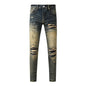 Y2k New Men's Jeans Washed Nostalgic Perforated Black Leather Patch Deep Blue Jeans High Street Designer Hip-Hop Brand High-Qual