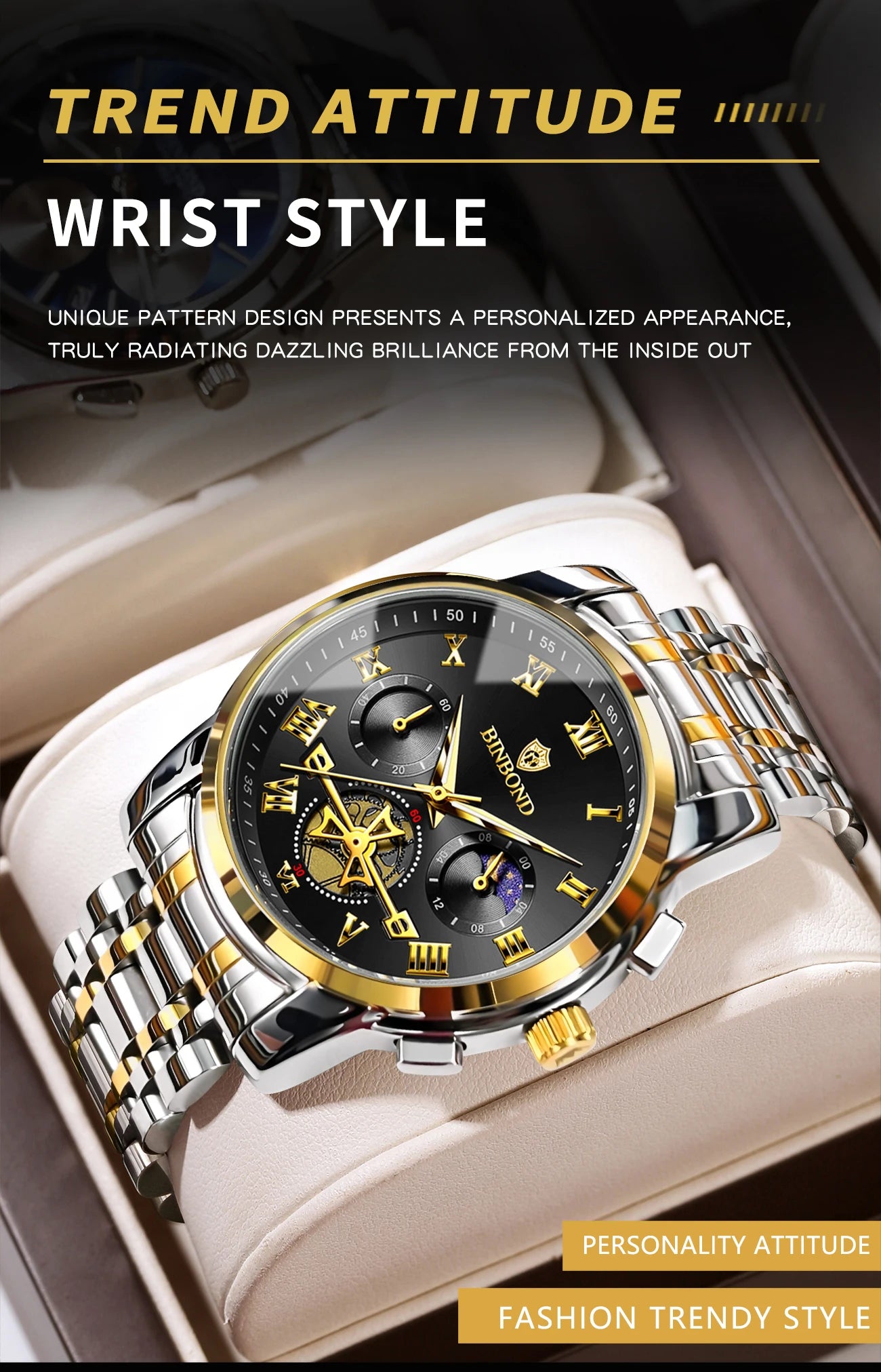 BINBOND Chronograph Men's Watches Accurate Quartz Watch For Men Luxury Luminous Waterproof StopWatch Durable Reloj