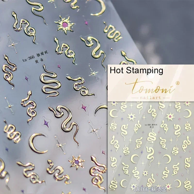 5D Gold Stamped Silver Sun Stars Snake Nail Art Stickers Totems Reliefs Self Adhesive Dark Chinese Style Manicure Decals