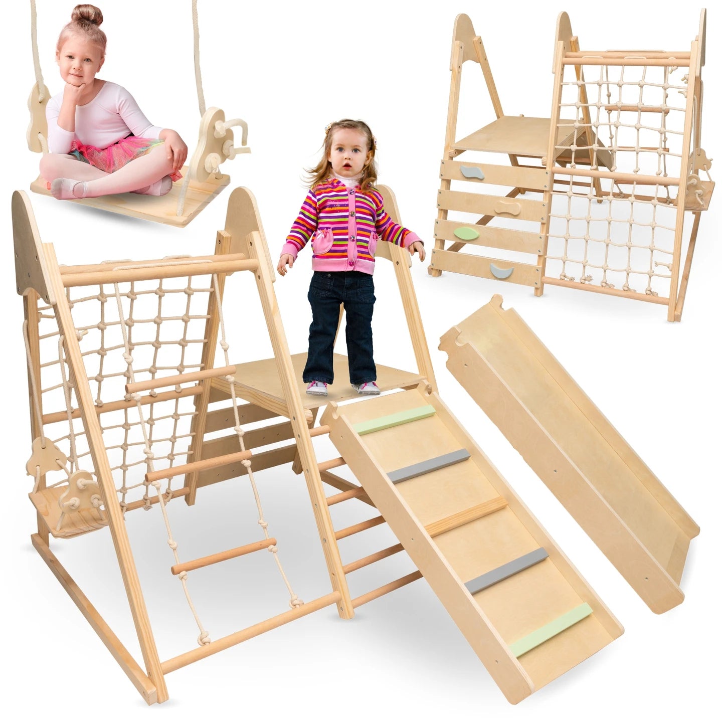 Mamabrum Large Wooden Play Square 5in 1 XXL Climbing Set With Slide Swing for Kids Montessori Motoryka 3 +