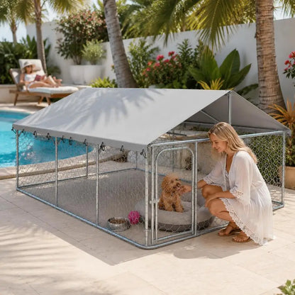 Outdoor Dog Kennel 400 x 200 x 150 cm Galvanised Steel Structure With Lockable Door Ventilated Roof For Pets Animals