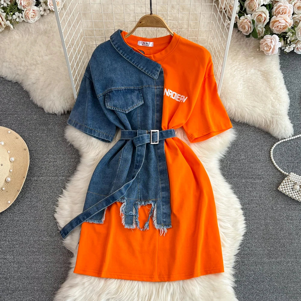 Retro Hong Kong Sle Chic Casual Mid-Length round Ne Patchwork Color Denim irt with Belt Spring New Women's Faion Top