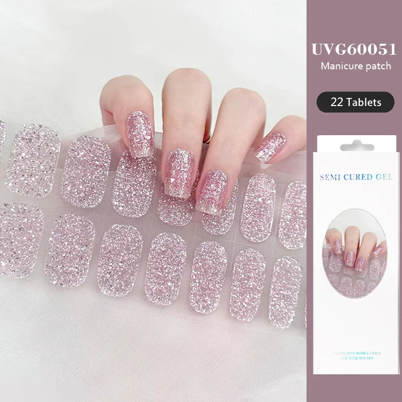 16/22 Tips Semi Cured Gel Nail Stickers for UV Lamp Designer Adhesive Nail Gel Wraps DIY Long-lasting  Nail Decoration