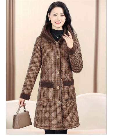 Winter Coat New Vintage Velvet And Thickening Single breasted Cotton Coat for Women Fit Cotton Clip Warm Long Parka Plaid Coat