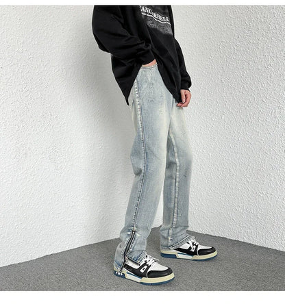 2024 Spring Autumn Korean Men Fashionable Retro Street Jeans Zip Design on Trouser Legs Straight-leg Denim Pants Men's Clothing