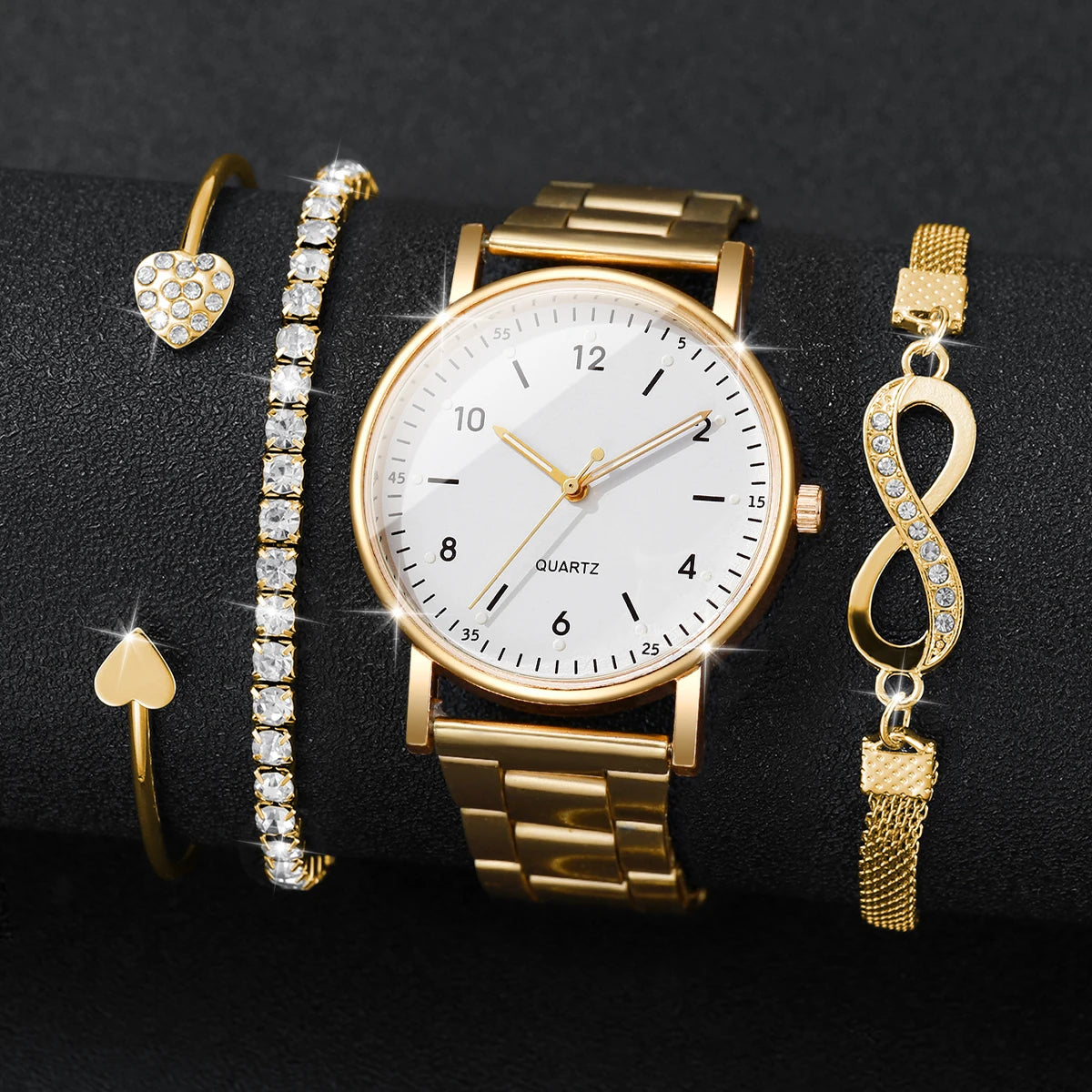 4PCS/Set Fashion Arabic Dial Women Watches Ladies Quartz Wristwatch Rhinestone Bracelets Set Reloj Mujer（Without Box）