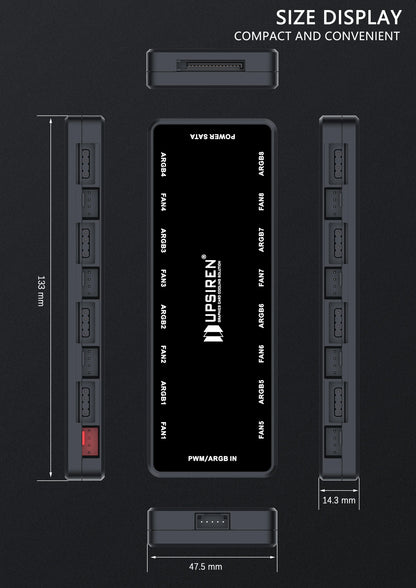 UPSIREN HU-8 Chassis Fan Hub，8 Sets of ARGB and PWM Interfaces,Bottom magnetic design，Support motherboard synchronization
