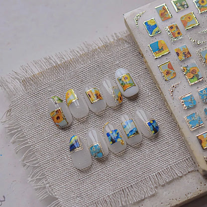 Retro Sunflower Nail Stickers Mixed Style 5D Bronzing Photo Frame Luxury Nail Art Decorations Decals Stickers Press On Nails DIY